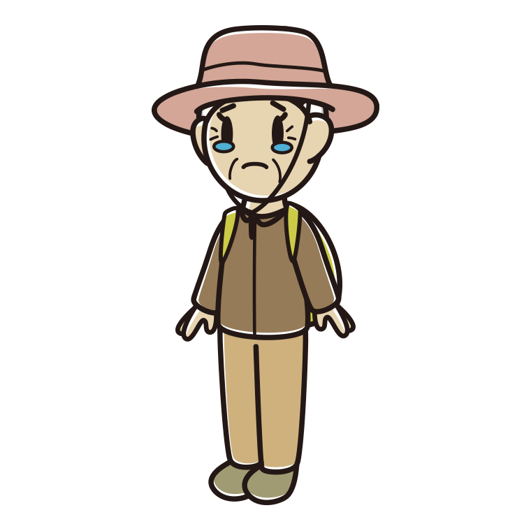 泣くアウトドア姿のおばあさんのイラスト【色あり、背景なし】透過PNG