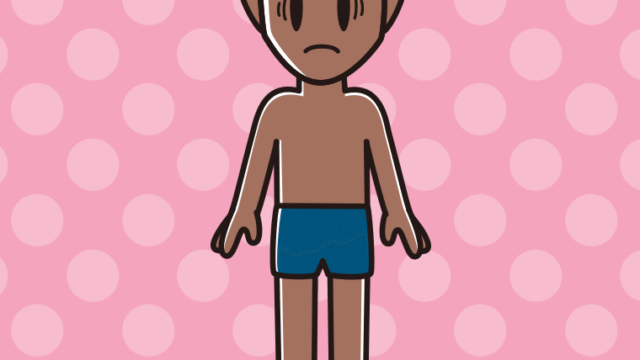 日焼けで困るスクール水着の男性のイラスト【色、背景あり】PNG