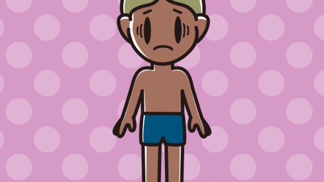 日焼けで困るスクール水着の小学生男子のイラスト【色、背景あり】PNG