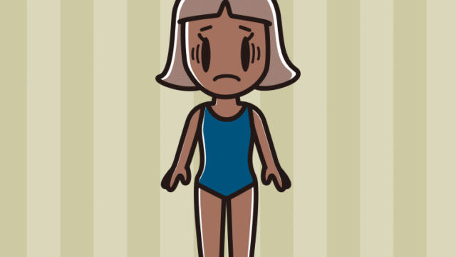 日焼けで困るスクール水着の小学生女子のイラスト【色、背景あり】PNG