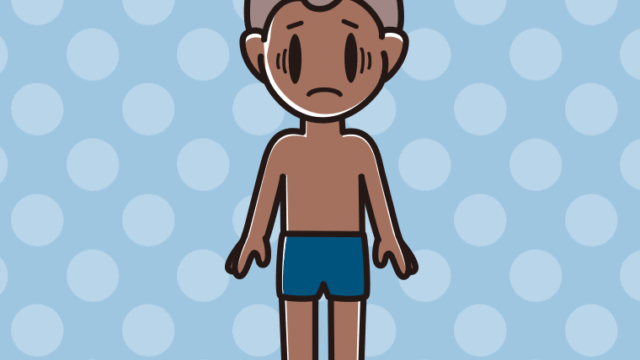 日焼けで困るスクール水着の男子中学生のイラスト【色、背景あり】PNG