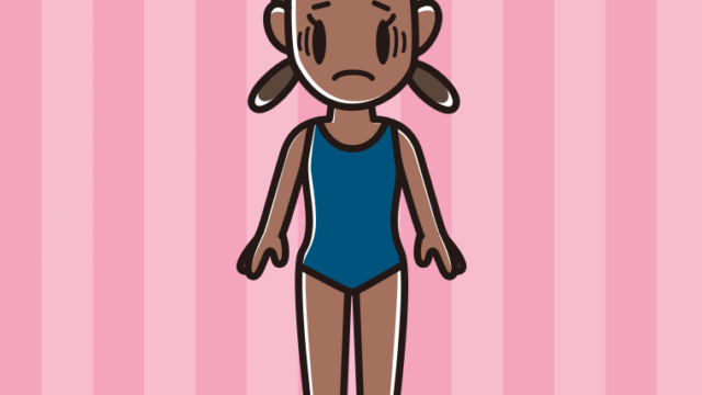 日焼けで困るスクール水着の女子中学生のイラスト【色、背景あり】PNG