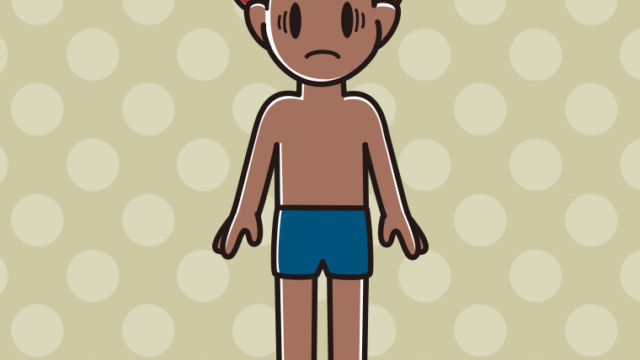 日焼けで困るスクール水着の男子大学生のイラスト【色、背景あり】PNG