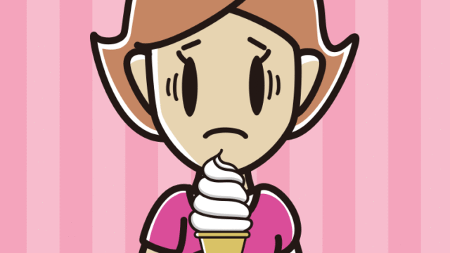 ソフトクリームで困る女性のイラスト【色、背景あり】PNG