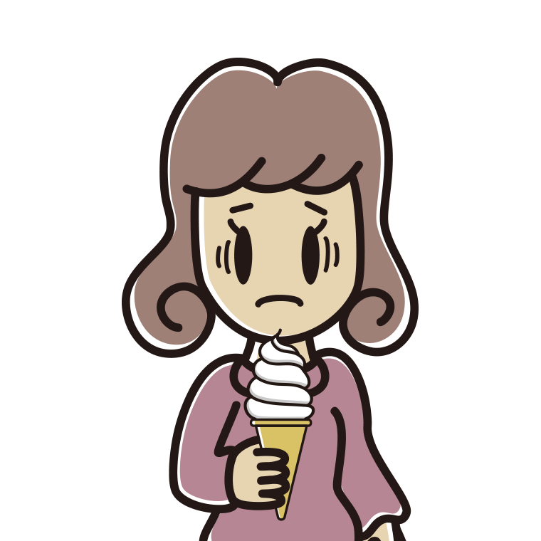 ソフトクリームで困る女子大学生のイラスト【色あり、背景なし】透過PNG