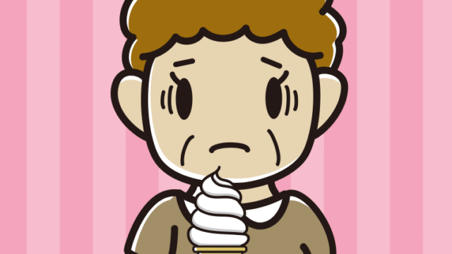 ソフトクリームで困るおばさんのイラスト【色、背景あり】PNG