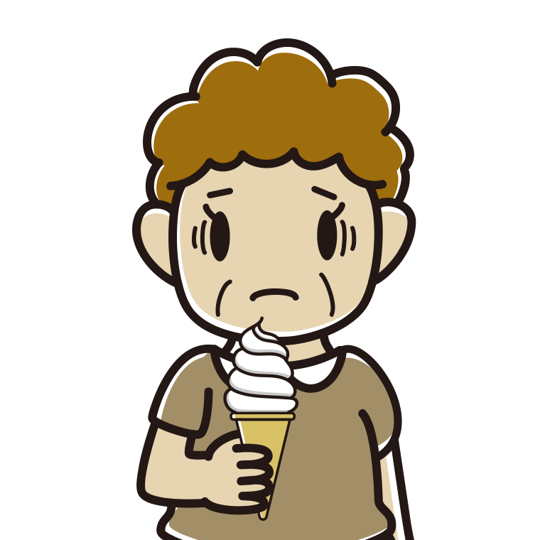 ソフトクリームで困るおばさんのイラスト【色あり、背景なし】透過PNG