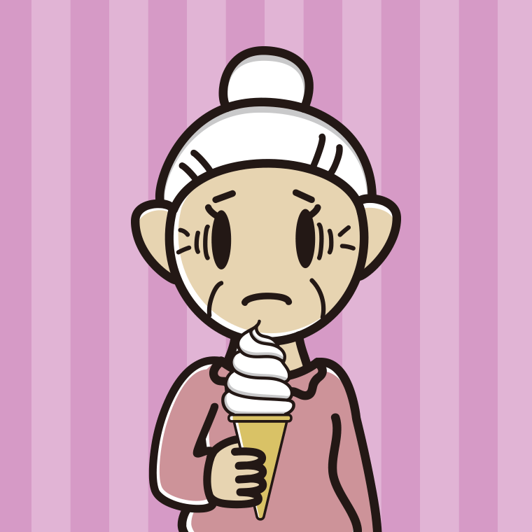 ソフトクリームで困るおばあさんのイラスト【色、背景あり】PNG