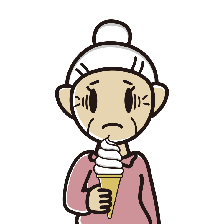 ソフトクリームで困るおばあさんのイラスト【色あり、背景なし】透過PNG