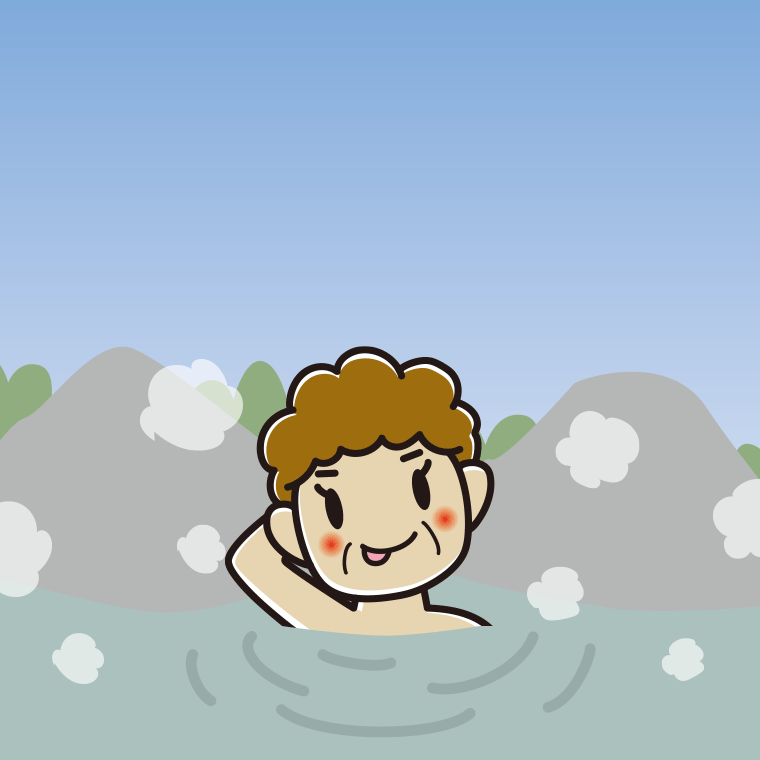 温泉でテヘヘなおばさんのイラスト【色、背景あり】PNG
