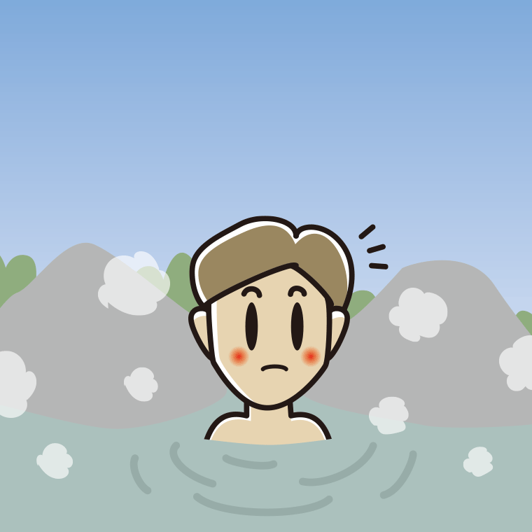温泉で何かに気付く男性のイラスト【色、背景あり】PNG