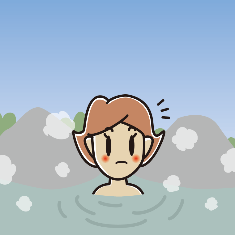 温泉で何かに気付く女性のイラスト【色、背景あり】PNG