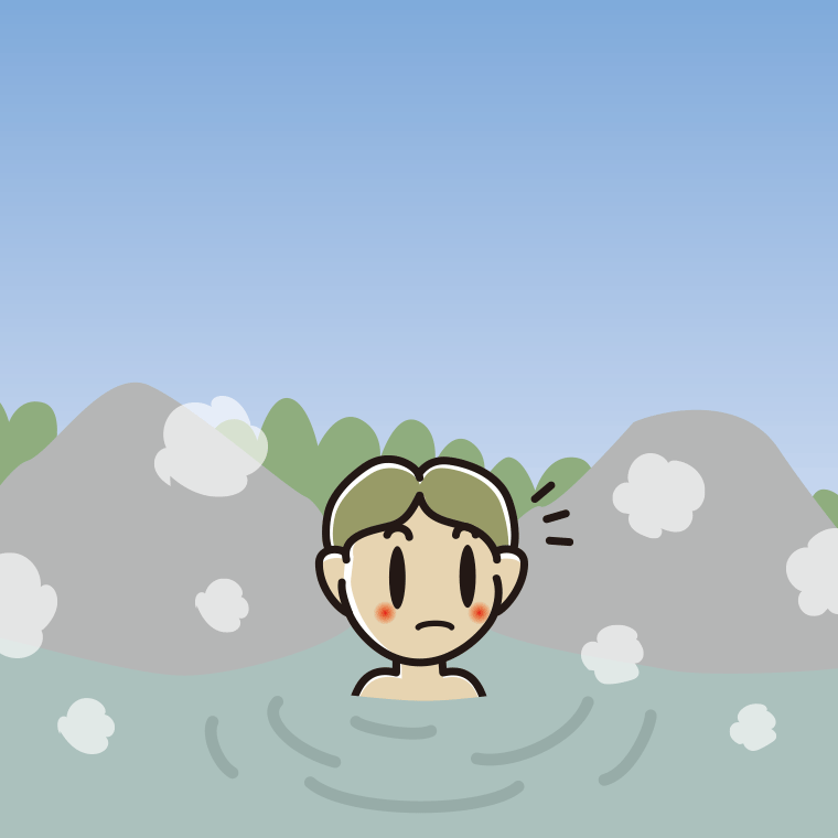 温泉で何かに気付く小学生男子のイラスト【色、背景あり】PNG