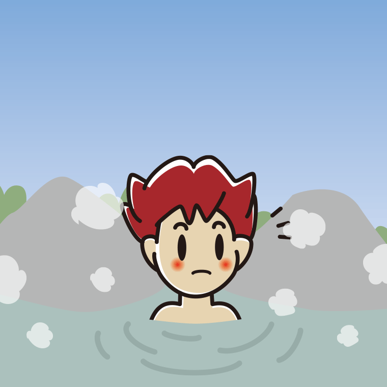 温泉で何かに気付く男子大学生のイラスト【色、背景あり】PNG