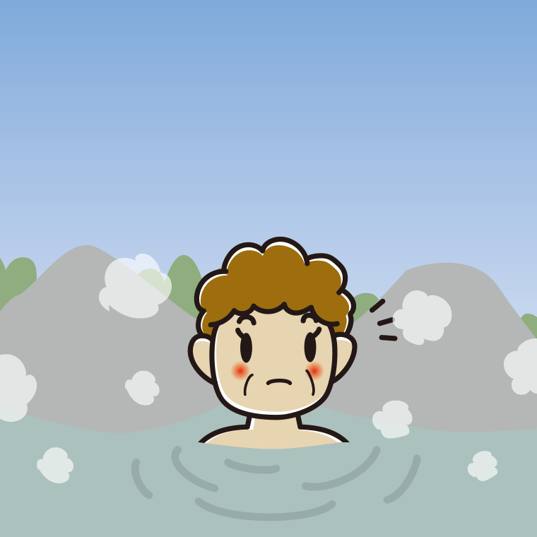 温泉で何かに気付くおばさんのイラスト【色、背景あり】PNG