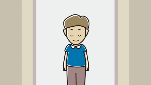 エレベーターでお辞儀する男性のイラスト【色、背景あり】PNG