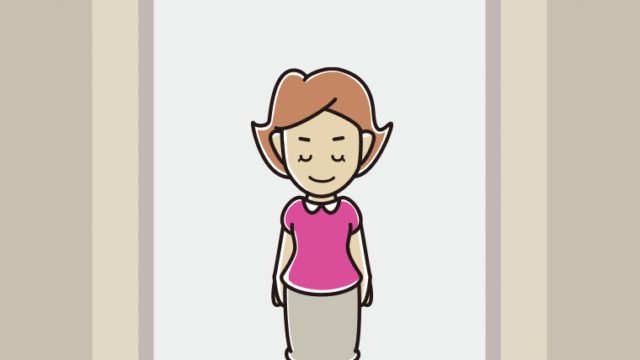 エレベーターでお辞儀する女性のイラスト【色、背景あり】PNG