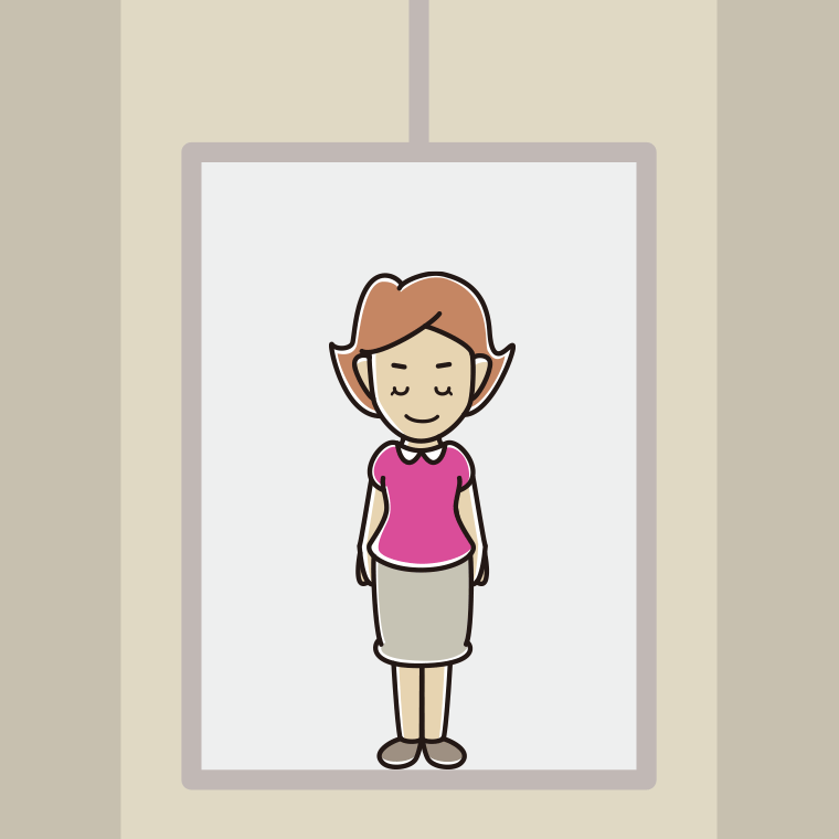 エレベーターでお辞儀する女性のイラスト【色、背景あり】PNG