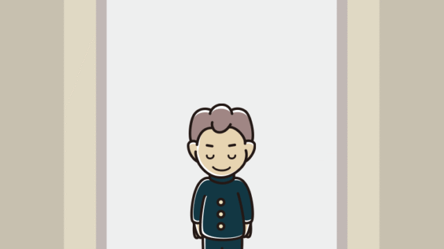 エレベーターでお辞儀する男子中学生のイラスト【色、背景あり】PNG