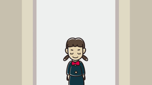 エレベーターでお辞儀する女子中学生のイラスト【色、背景あり】PNG