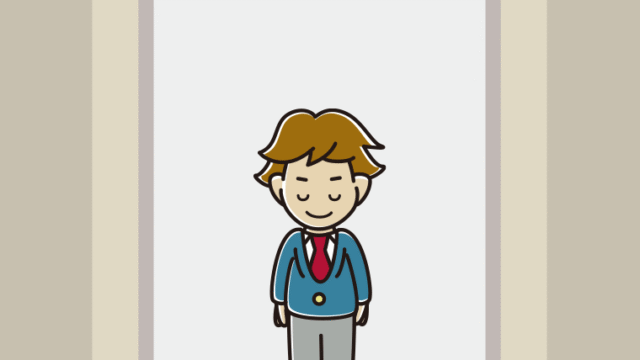 エレベーターでお辞儀する男子高校生のイラスト【色、背景あり】PNG