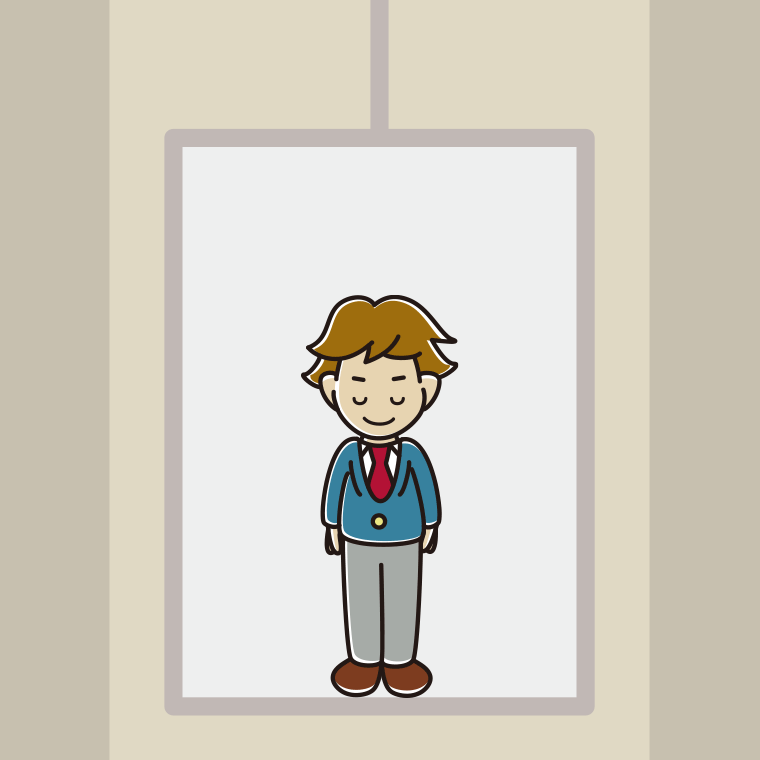 エレベーターでお辞儀する男子高校生のイラスト【色、背景あり】PNG