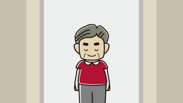 エレベーターでお辞儀するおじさんのイラスト【色、背景あり】PNG