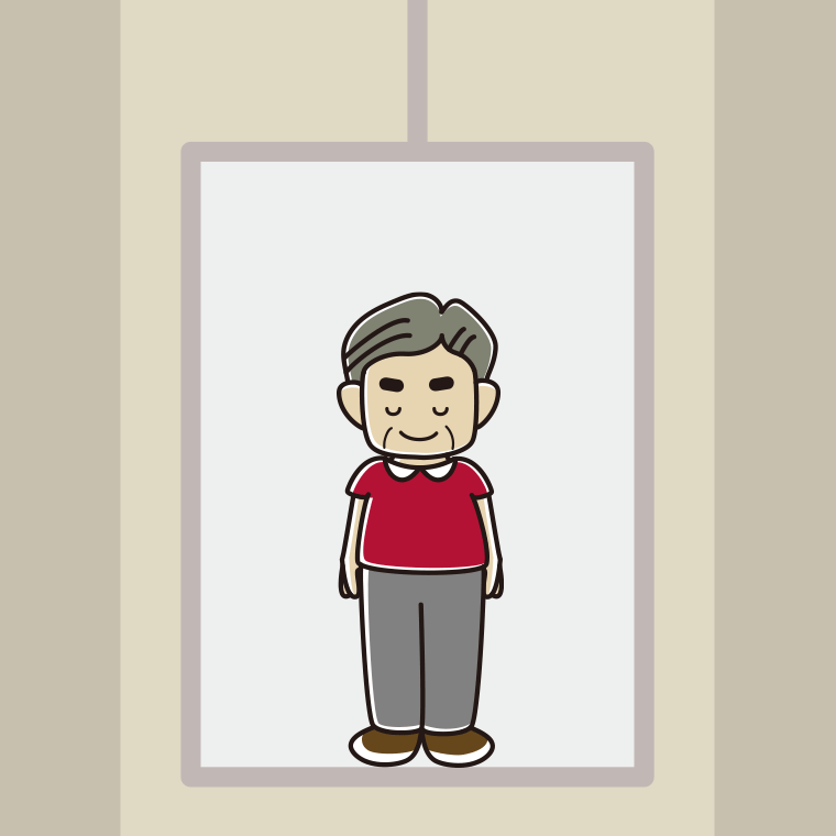 エレベーターでお辞儀するおじさんのイラスト【色、背景あり】PNG