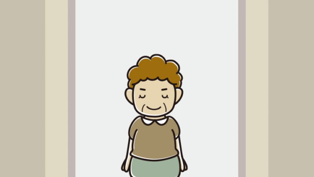 エレベーターでお辞儀するおばさんのイラスト【色、背景あり】PNG