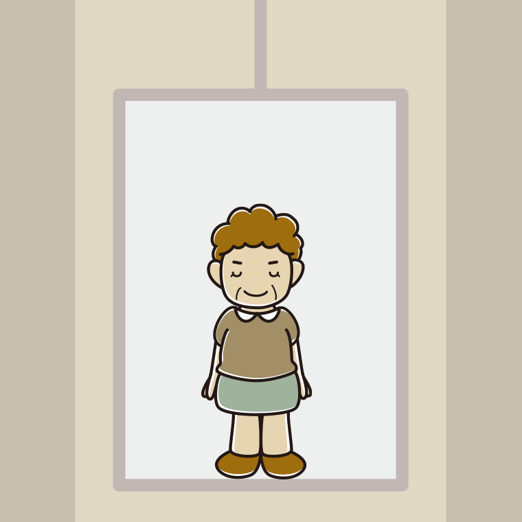 エレベーターでお辞儀するおばさんのイラスト【色、背景あり】PNG