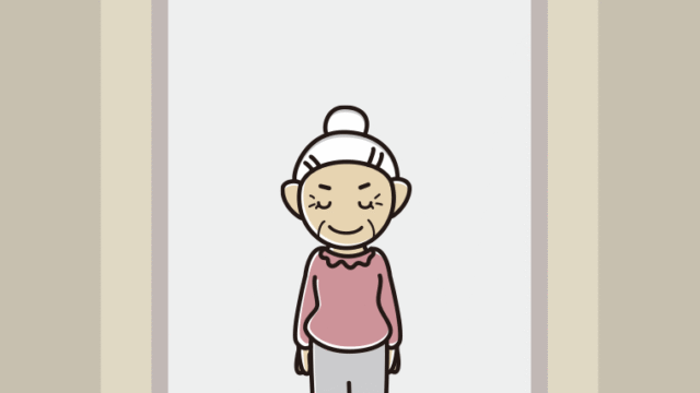エレベーターでお辞儀するおばあさんのイラスト【色、背景あり】PNG