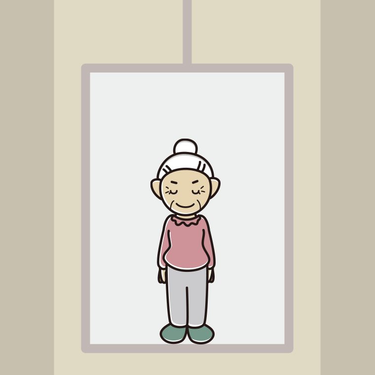 エレベーターでお辞儀するおばあさんのイラスト【色、背景あり】PNG