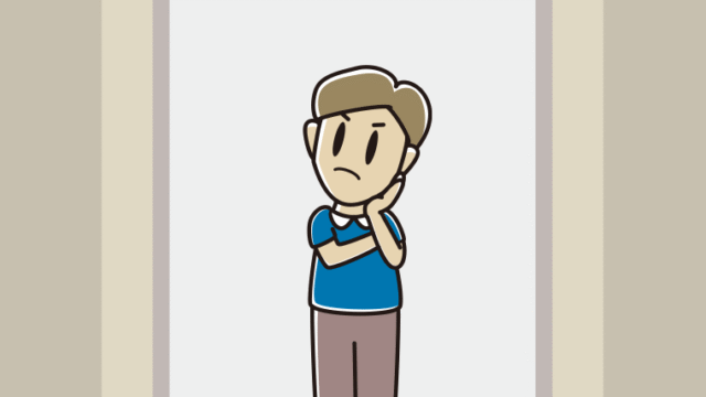 エレベーターで考える男性のイラスト【色、背景あり】PNG