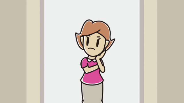 エレベーターで考える女性のイラスト【色、背景あり】PNG