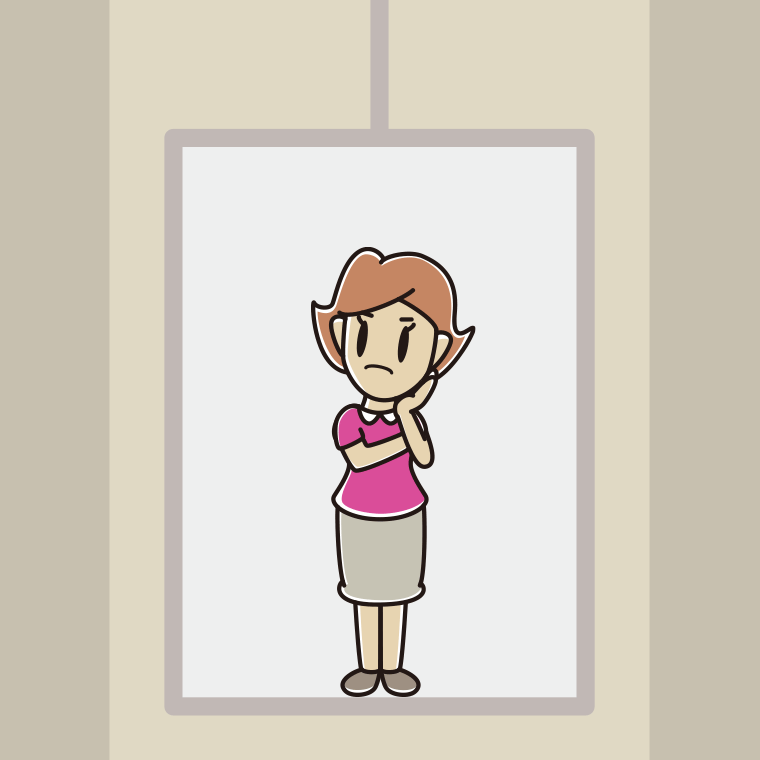エレベーターで考える女性のイラスト【色、背景あり】PNG