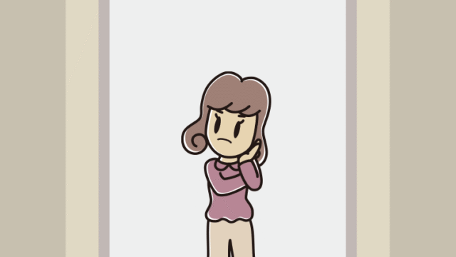 エレベーターで考える女子大学生のイラスト【色、背景あり】PNG