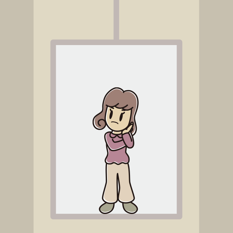 エレベーターで考える女子大学生のイラスト【色、背景あり】PNG