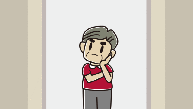 エレベーターで考えるおじさんのイラスト【色、背景あり】PNG