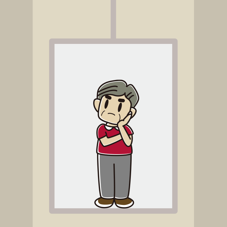 エレベーターで考えるおじさんのイラスト【色、背景あり】PNG
