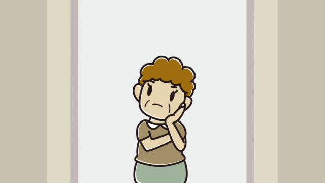 エレベーターで考えるおばさんのイラスト【色、背景あり】PNG