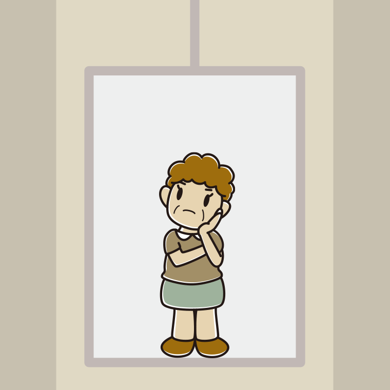 エレベーターで考えるおばさんのイラスト【色、背景あり】PNG