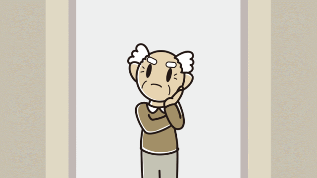 エレベーターで考えるおじいさんのイラスト【色、背景あり】PNG