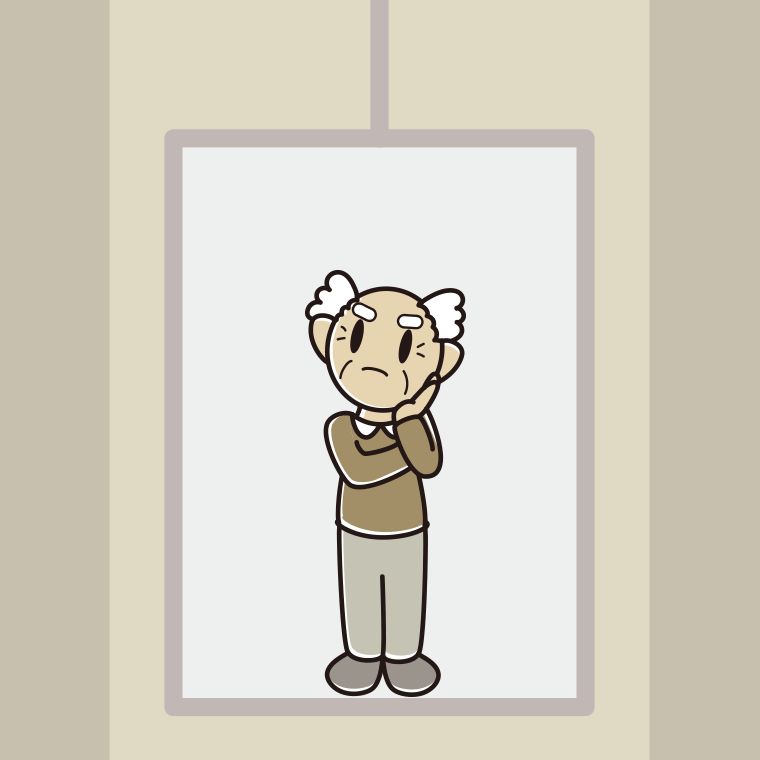 エレベーターで考えるおじいさんのイラスト【色、背景あり】PNG