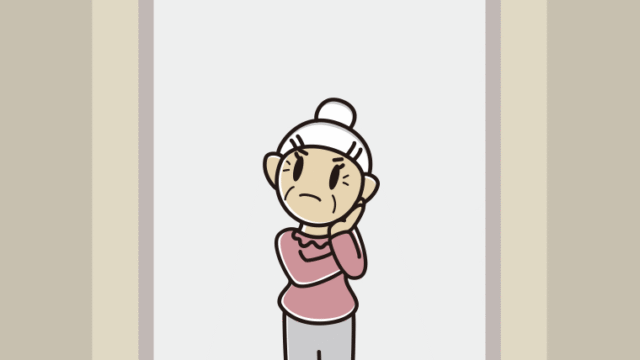 エレベーターで考えるおばあさんのイラスト【色、背景あり】PNG