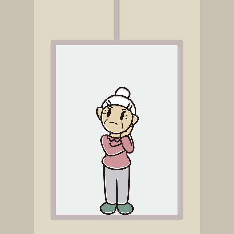 エレベーターで考えるおばあさんのイラスト【色、背景あり】PNG