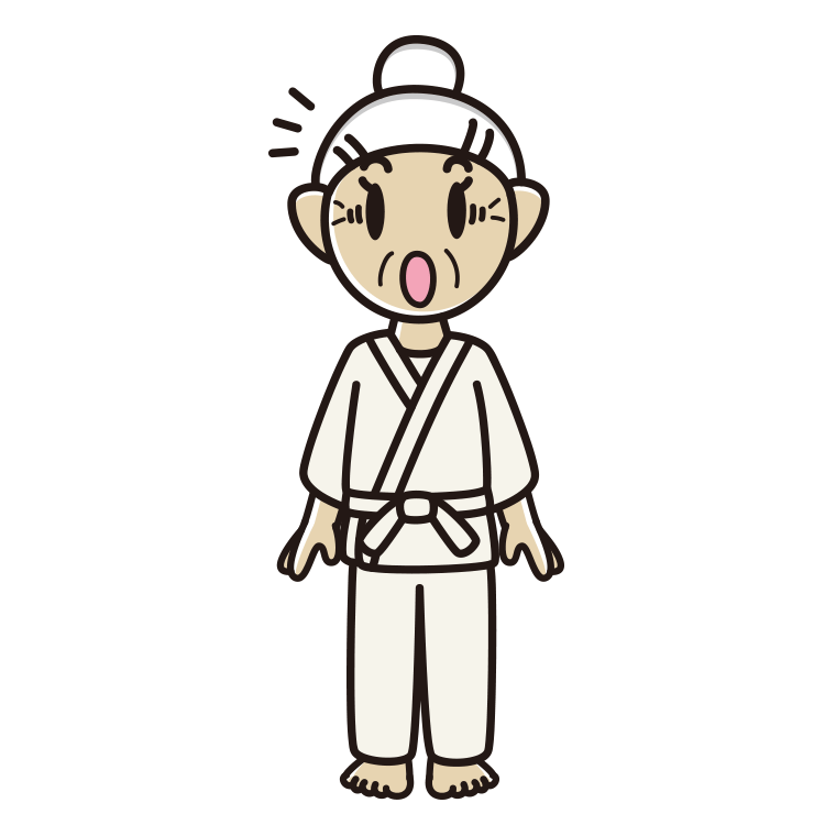 驚く道着のおばあさんのイラスト【色あり、背景なし】透過PNG