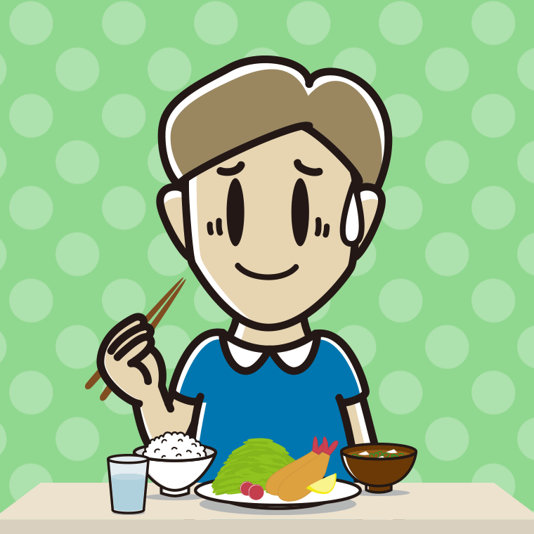 食事中に苦笑いする男性のイラスト【色、背景あり】PNG