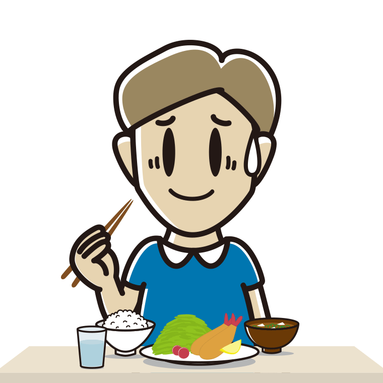 食事中に苦笑いする男性のイラスト【色あり、背景なし】透過PNG