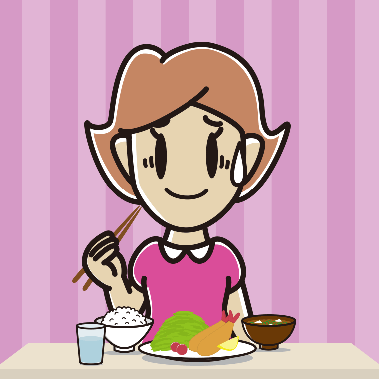 食事中に苦笑いする女性のイラスト【色、背景あり】PNG