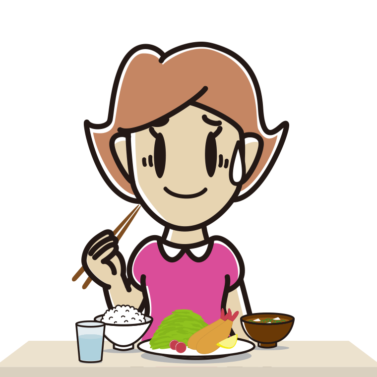 食事中に苦笑いする女性のイラスト【色あり、背景なし】透過PNG